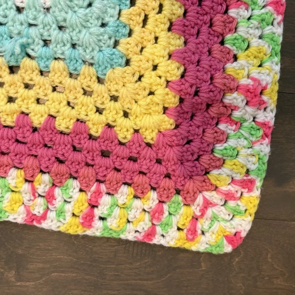 Vintage Granny Square Crochet Baby Blanket Pastel Rainbow‎ Cottagecore 29x30